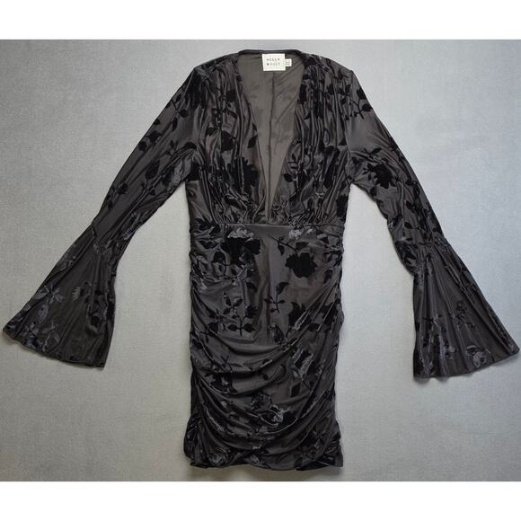 Hello Molly Dresses & Skirts - Hello Molly Size 8 Large Black Velvet Ruched Mini Dress Deep V Neck Bell Sleeves